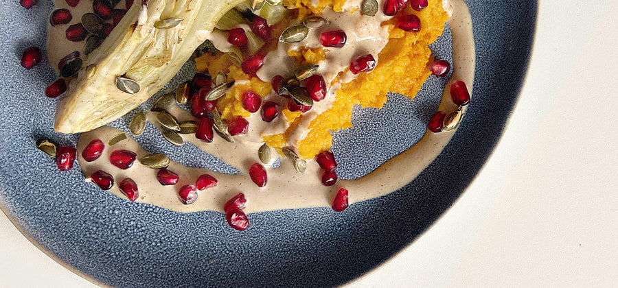 Autumn recipe: Baked fennel on sweet potato puree with tahini sauce, pomegranate and pumpkin seeds