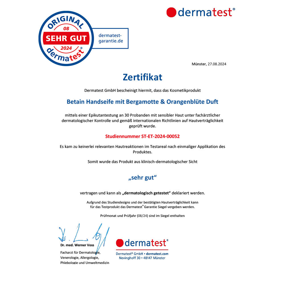 Certificaat Betaine handzeep met bergamot & sinaasappelbloesem geur JUNGLÜCK