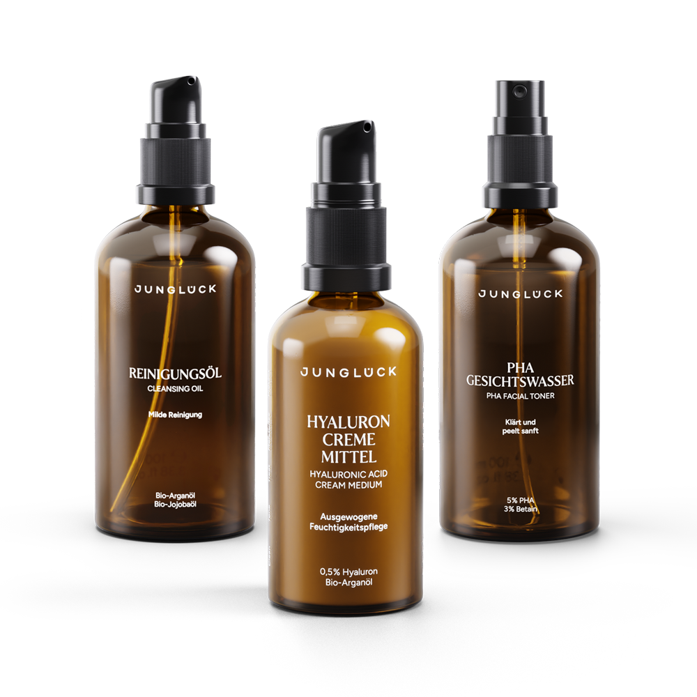 Reinigungsol, Hyaluron Creme mit PHA, and PHA Gesichtswasser.