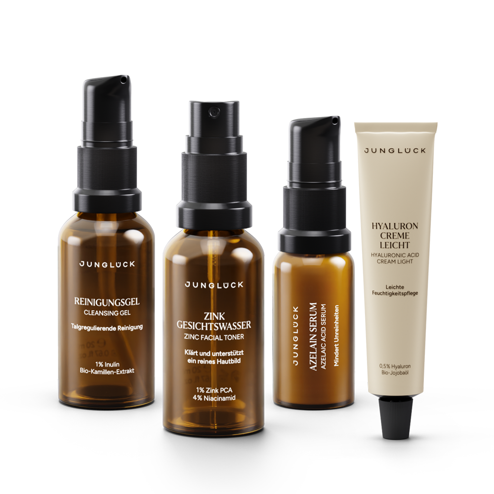 Bye Bye Breakouts Starter Set with four amber glass bottles: Cleansing Gel, Zinc toner , Zinc Azide Serum, and