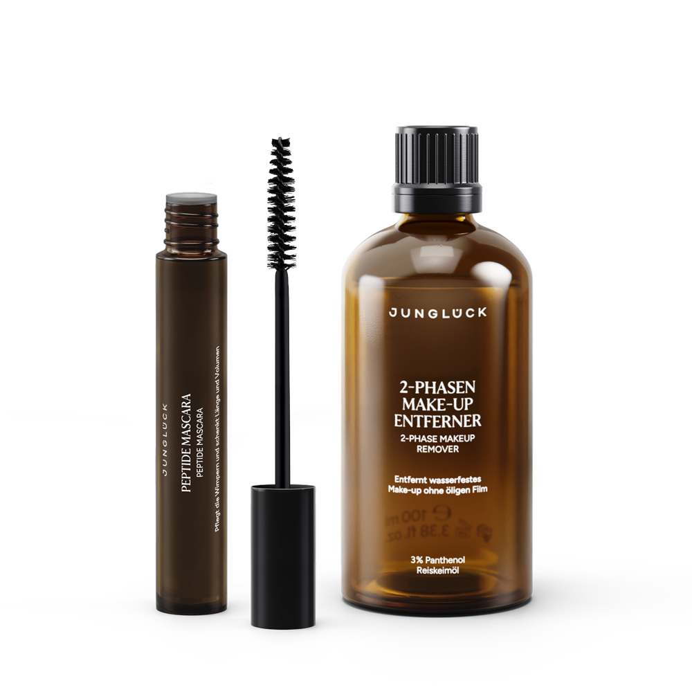 Un set per ciglia Daily composto da un flacone marrone contenente uno struccante bifasico e un mascara in un unico prodotto