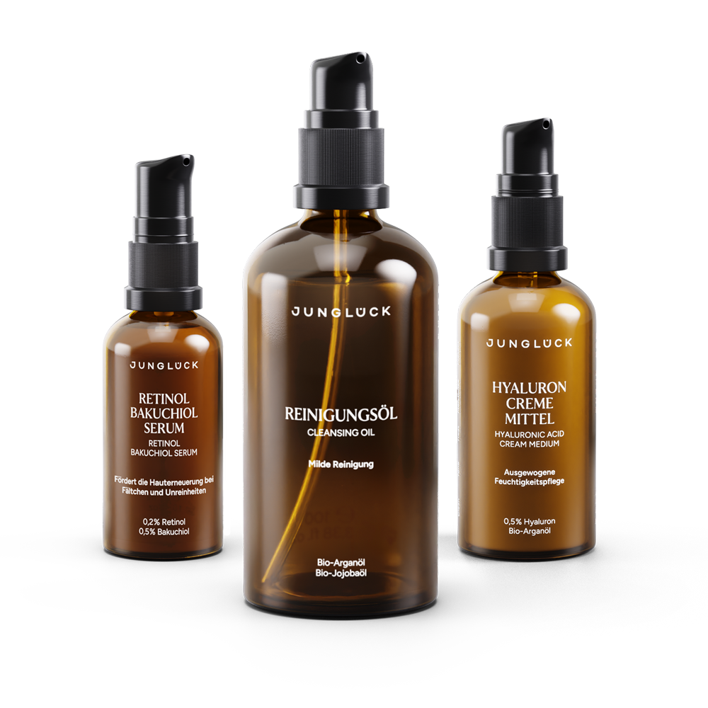 Set trio di prodotti per la cura della pelle JUNGLÜCK "Glatt Strahlend" con " Olio Detergente", " Retinolo ", "Bakuchiol" Sieri e "Hyaluron" Creme in