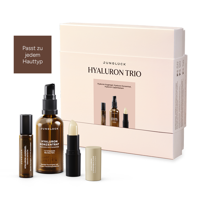 Geschenkset Hyaluron Trio in neutraler Verpackung mit drei Produkten: Hyaluron Konzentrat, Gesichtsöl und Lippenbalsam.