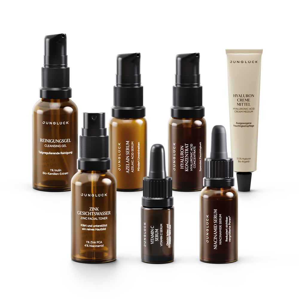 Proefset van JUNGLÜCK met ‘ Reinigingsgel ’, zink-gezichtslotion, azelaïnezuur-serum, hyaluronzuurconcentraten, vitamine- en