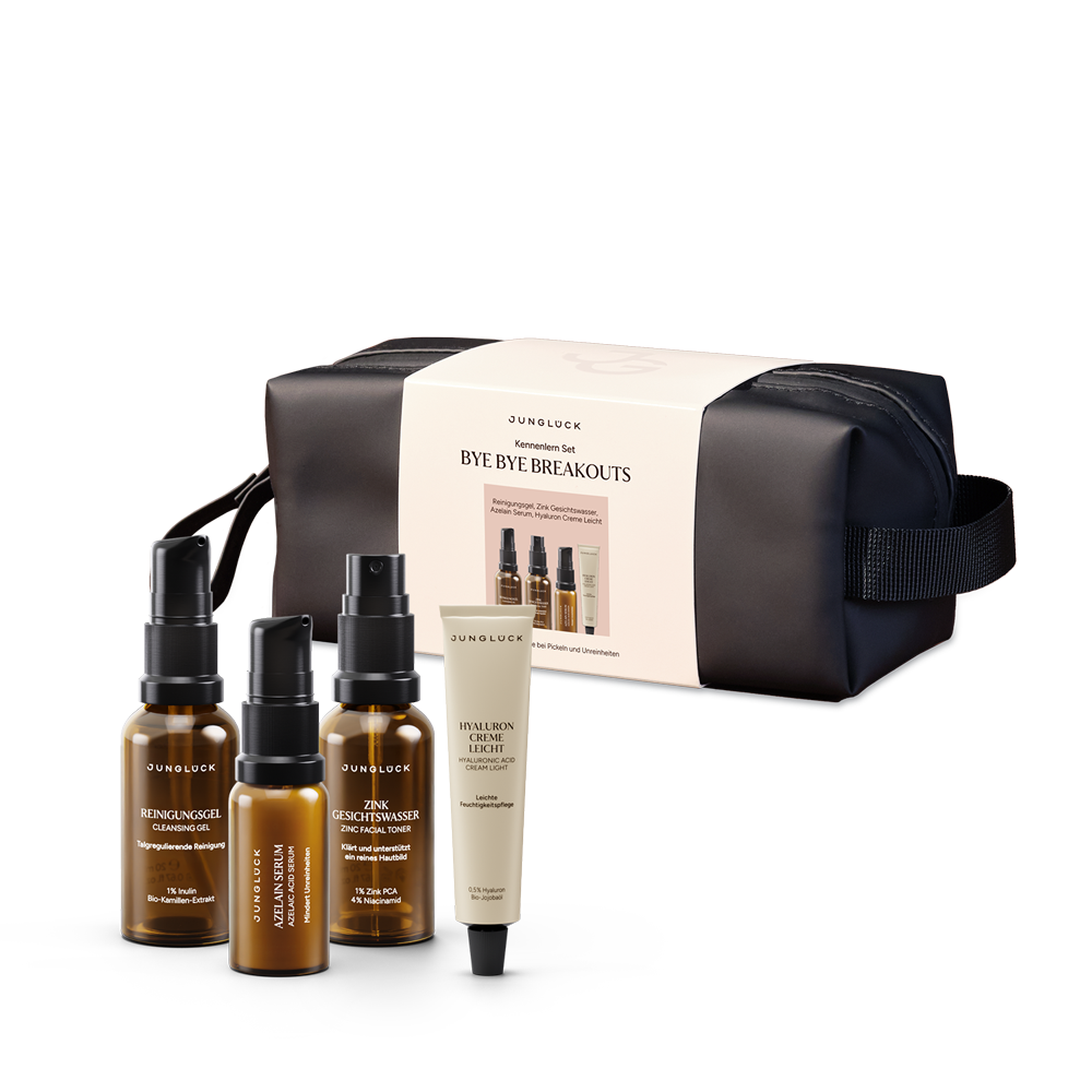 "Bye Bye Breakouts" Starter Kit with three amber glass bottles and one tube in a handy bag.