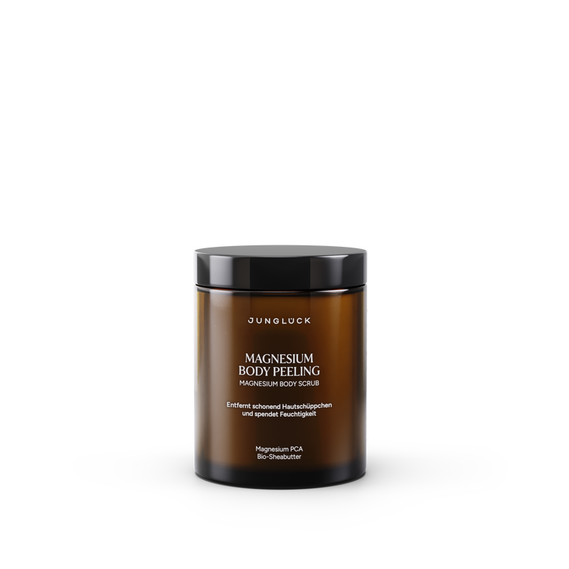 Braunglasbehälter mit schwarzem Deckel, beschriftet als Magnesium Body Peeling 180ml. Sanfte Peeling-Textur für die