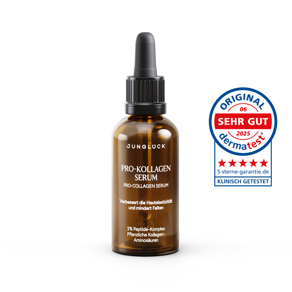 Amber glass dropper bottle of Ununlock Pro-Kollagen Serum with black cap and white text label.
