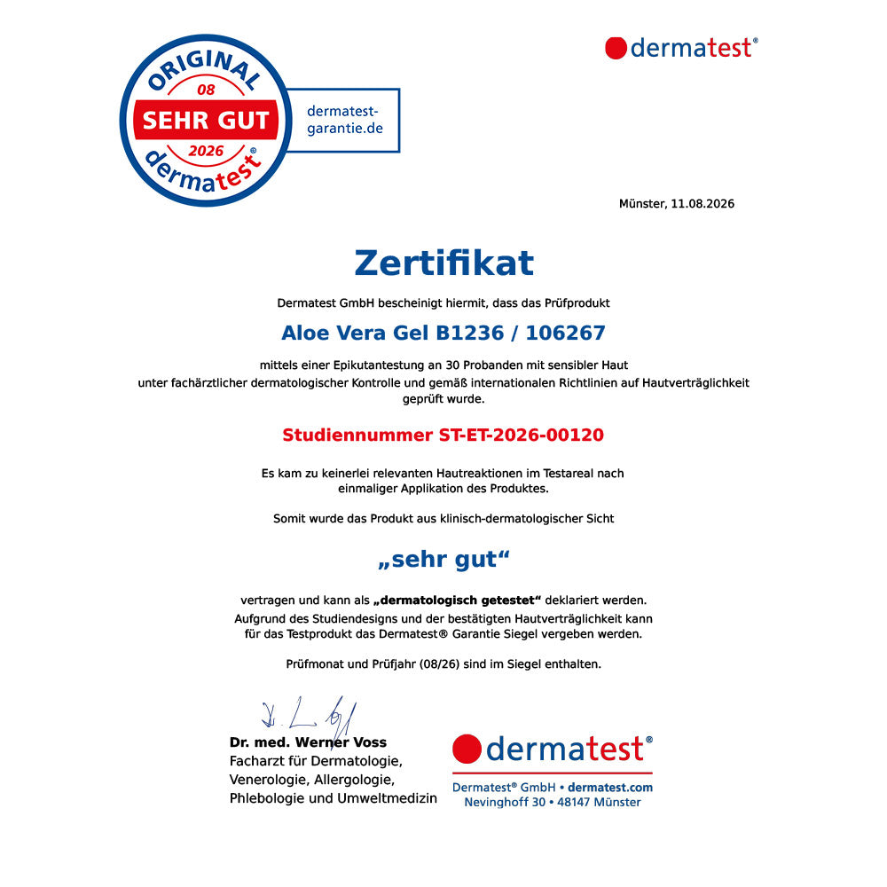 Certificato Dermatest per l'Aloe Vera Gel, valutazione "ottimo" per la tollerabilità cutanea.
