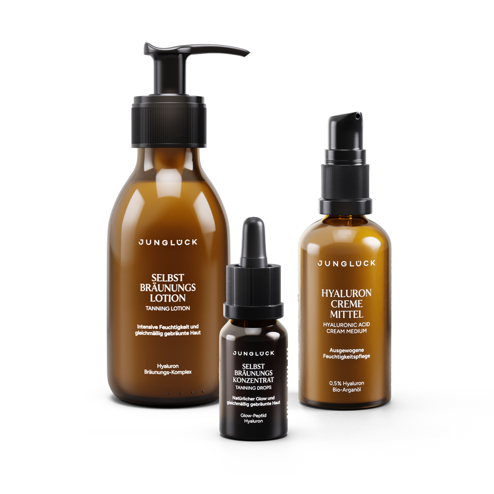 The Care Tan Trio Set consists of three amber glass bottles: one " Tanning Lotion," one " Tanning Drops ," and one