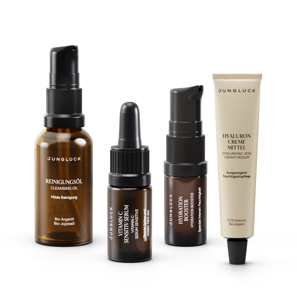JUNGLÜCK Glass Skin Starter Set with Cleansing Oil, Vitamin serum, Hydration Booster, and Hyaluron cream in