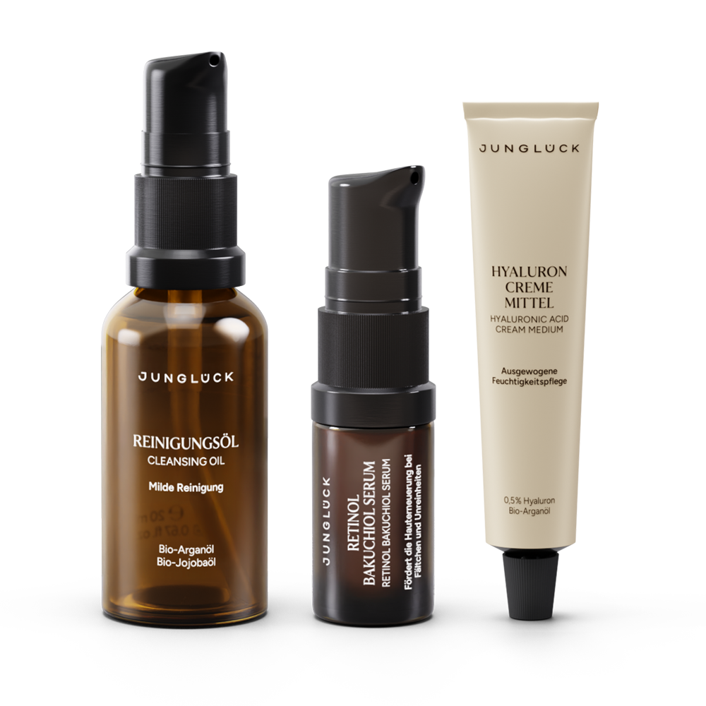 Smooth & Radiant Skincare Trio: Starter Set with an amber glass bottle for Cleansing Oil, a dark pipette bottle for serum , and