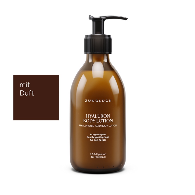 Braunglasflasche mit Pumpe der Hyaluron Body Lotion. Geeignet für ausgeglichene Feuchtigkeitspflege.