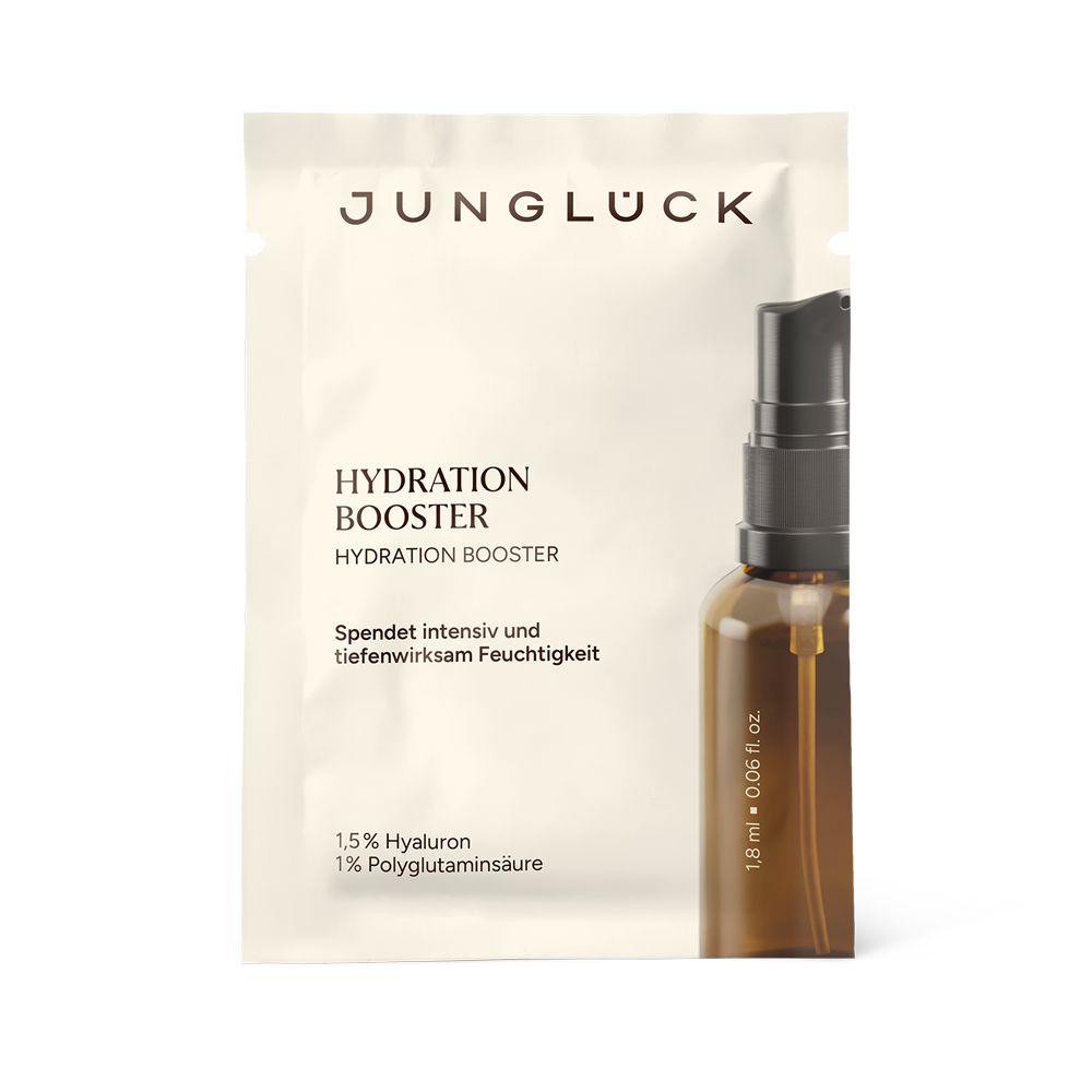 Jungluck Booster idratante con flacone dosatore color ambra da 1,8 ml, con informazioni sull'idratazione e sull'acido ialuronico.
