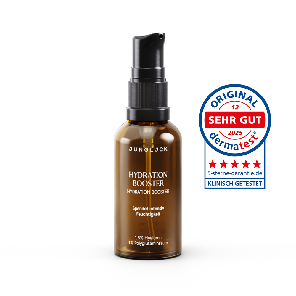 30ml amber glass serum bottle with black pump labeled Hydration Booster by Jung Look.