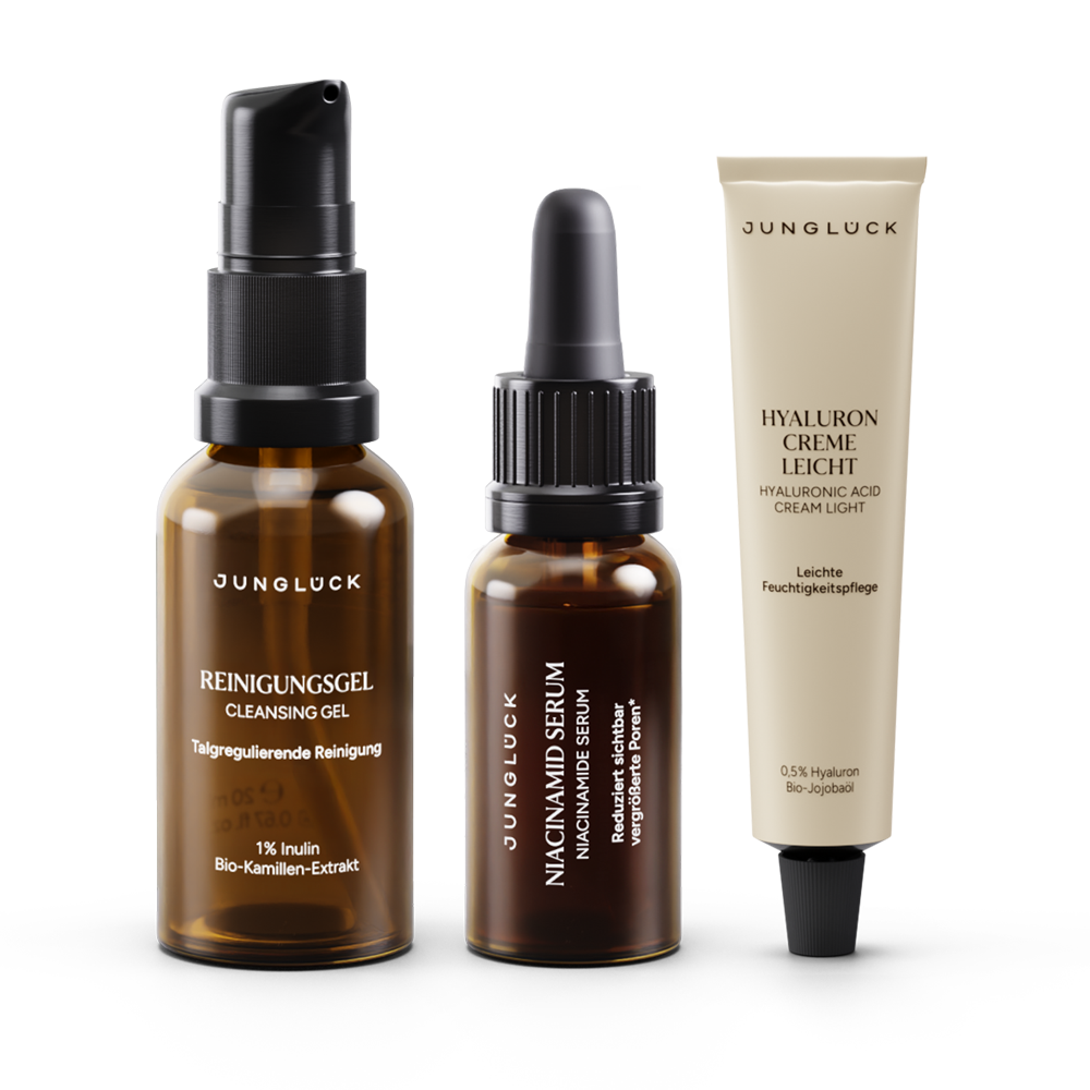 Three JUNGLÜCK products: a Cleansing gel, a Niacinamide serum  , and a Hyaluron cream —all easily available in typical