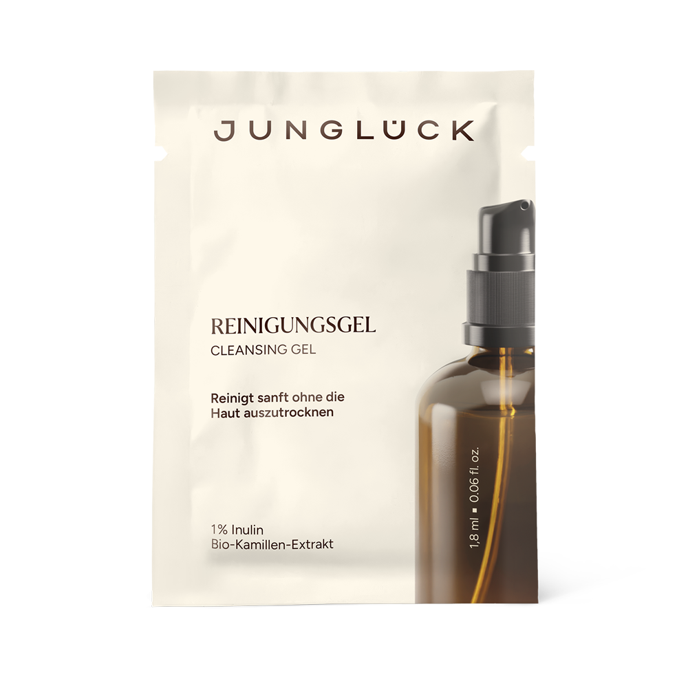 Zakje met „ Reinigingsgel  ” (18 ml) in een bruine glazen fles, biologisch kamille-extract en inuline.