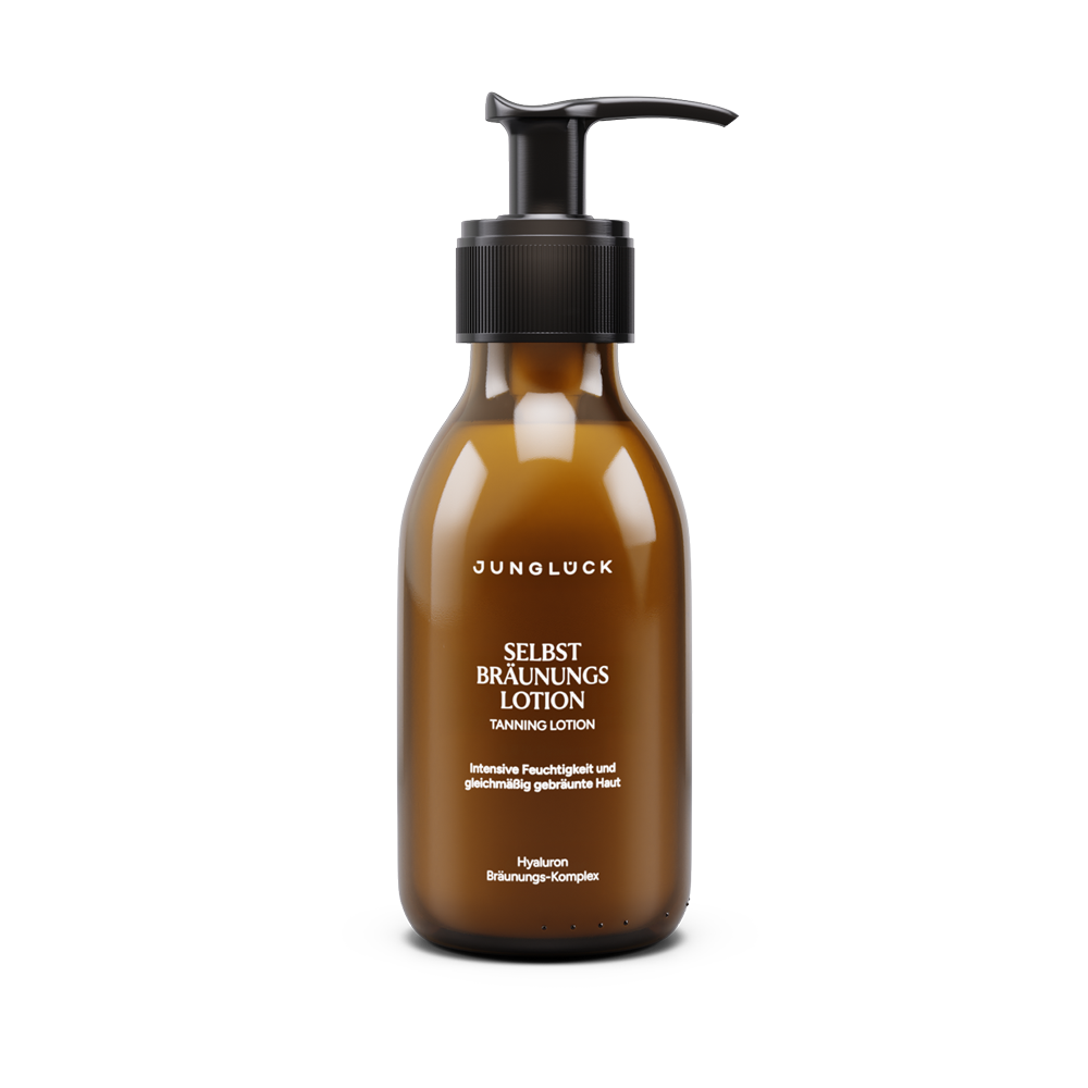 Brown pump bottle of Junglock self-tanning lotion with white text and black pump dispenser.