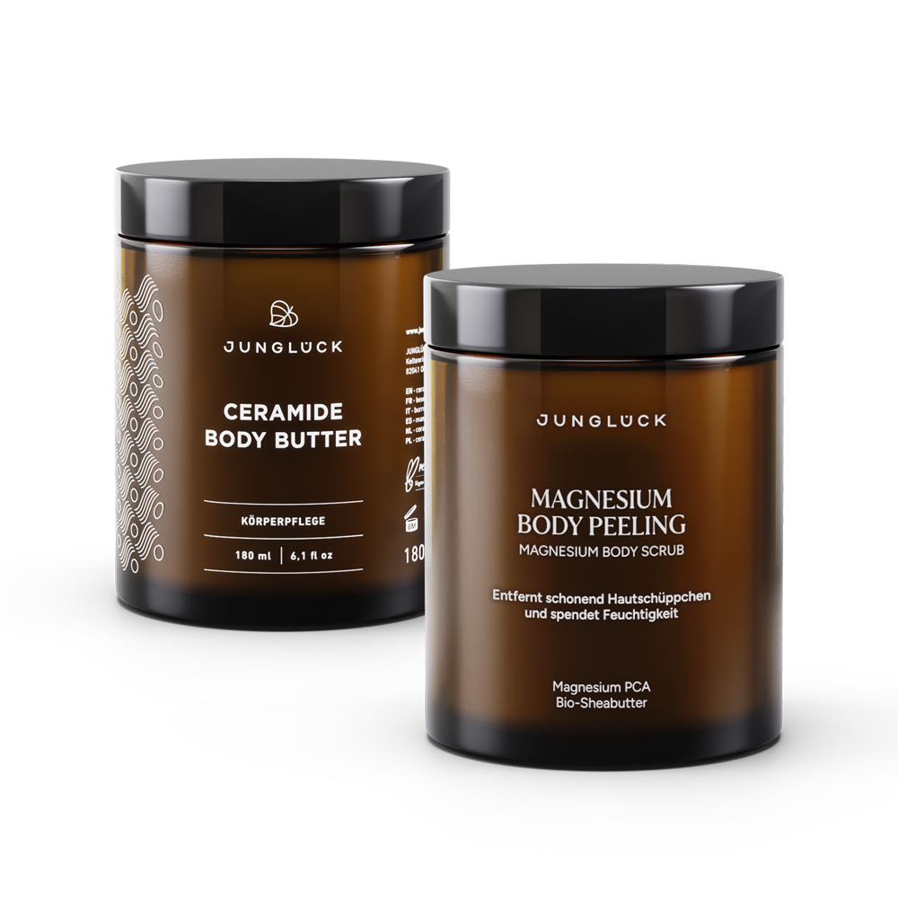 Zwei Braunglasdosen in einem Set: links Ceramide Body Butter und rechts Magnesium Body Peeling. Pflege für die Haut.