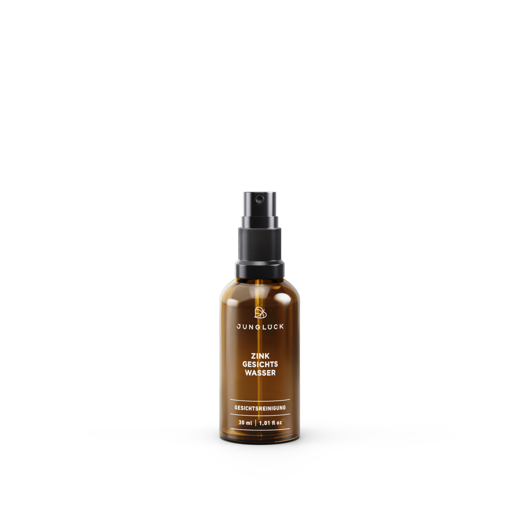 Glazen flesje van 30 ml in amberkleur met zwarte verstuiver en het etiket Zink Gezichtstoner toner“.